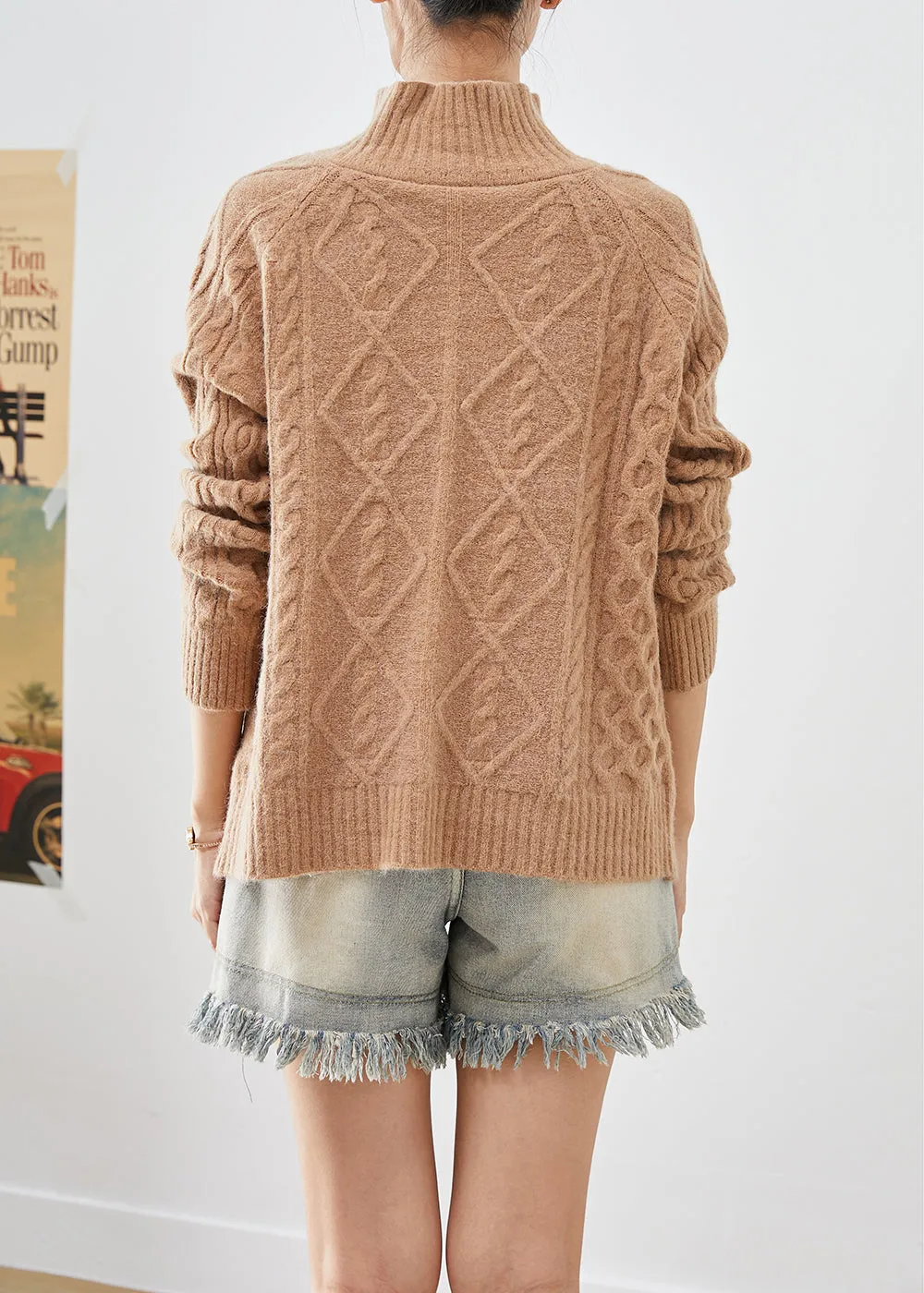 Art Khaki High Neck Button Down Warm Cable Knit Cardigan Fall