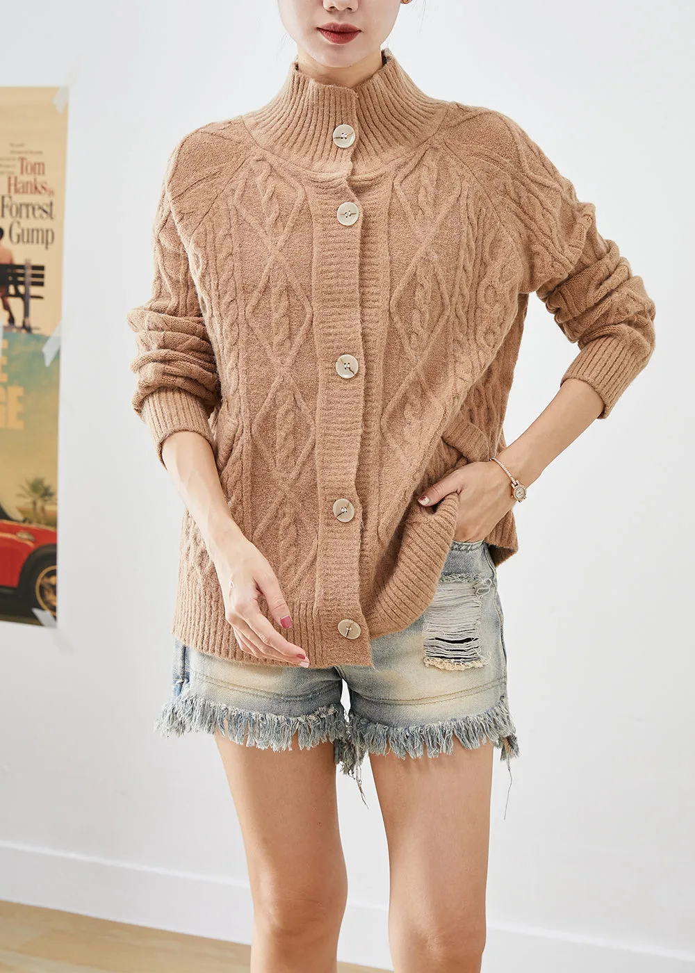 Art Khaki High Neck Button Down Warm Cable Knit Cardigan Fall