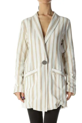 Beige and Cream Striped One Button Blazer