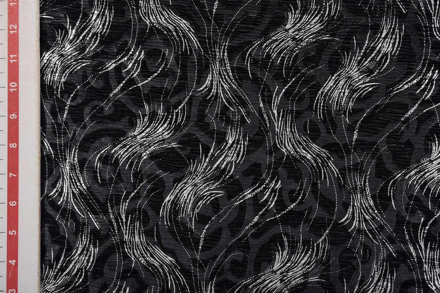 Black Abstract  Foil Printed Pleated Knit Fabric