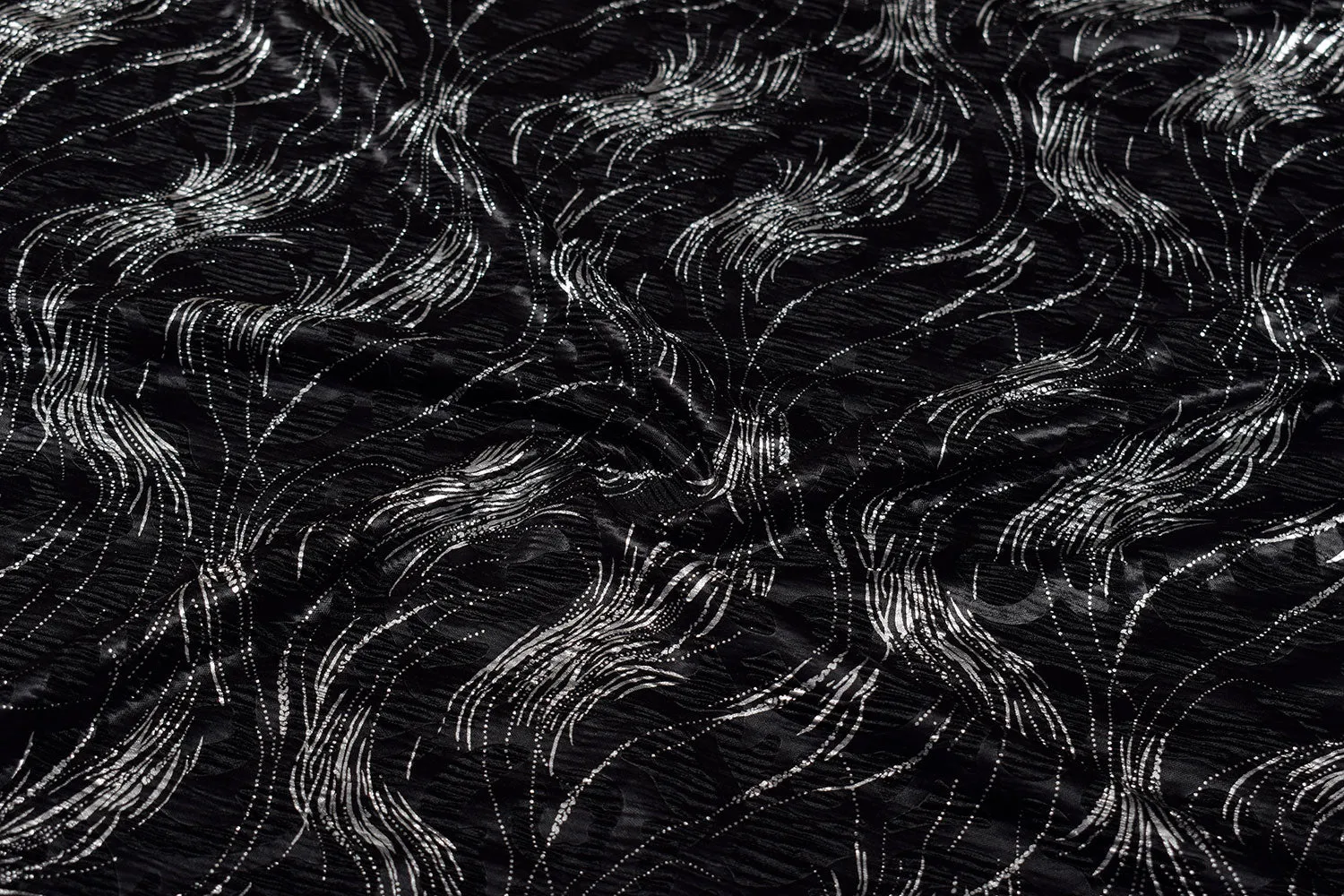 Black Abstract  Foil Printed Pleated Knit Fabric