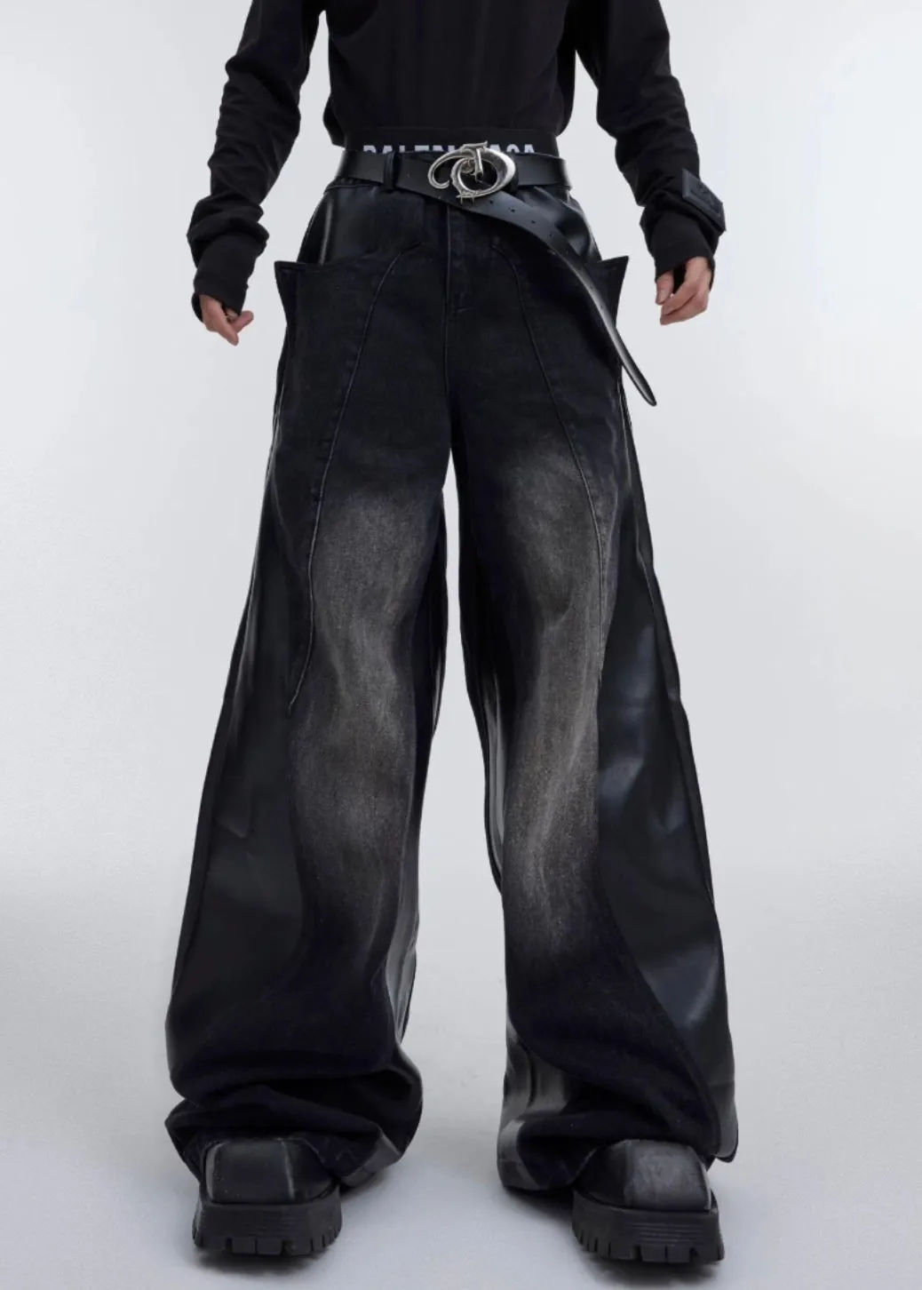 Black Faux Leather Patchwork Fared Trousers High Waist Fall RK029