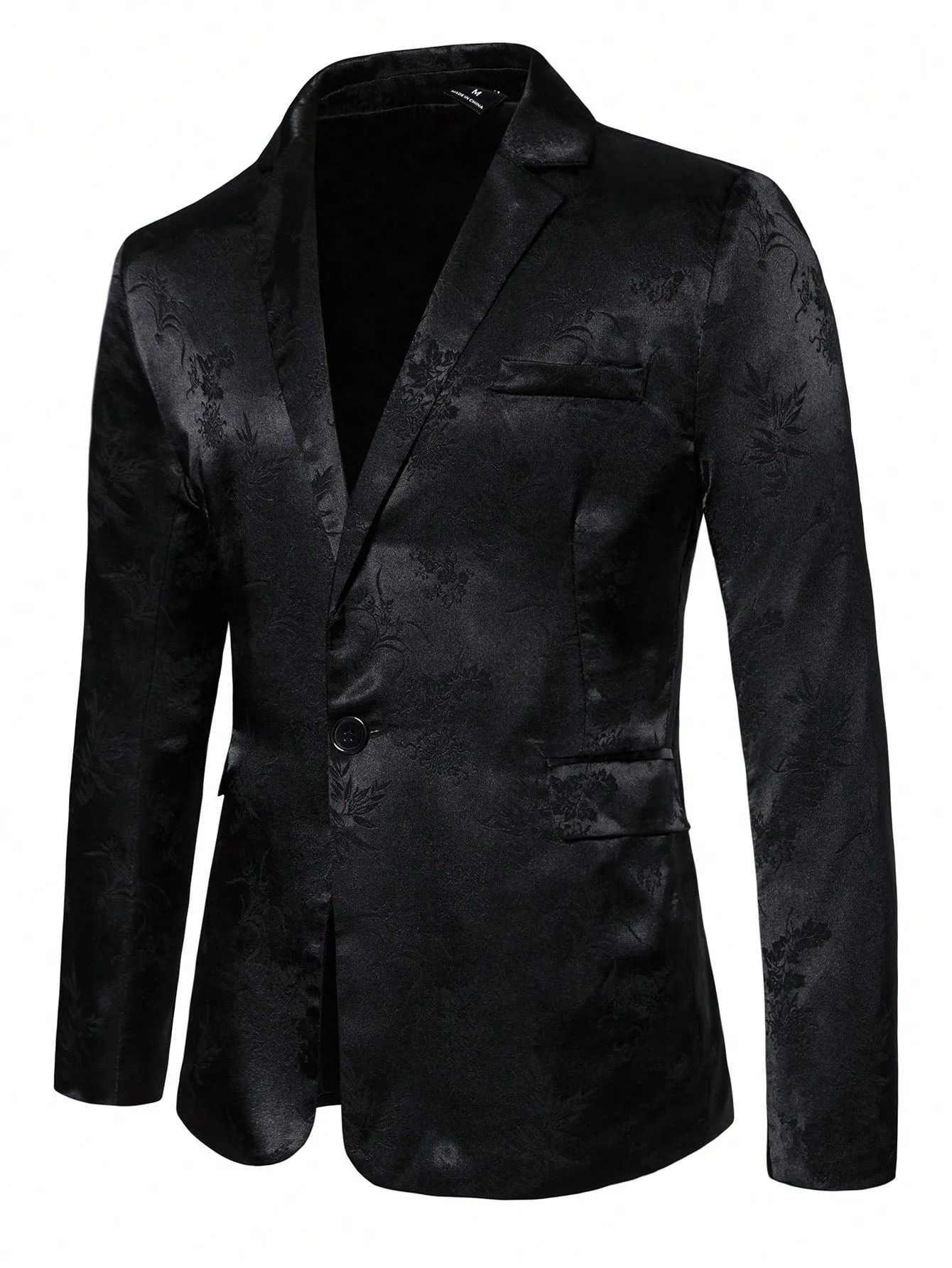 Black Jacquard Lapel Collar Single Button Blazer