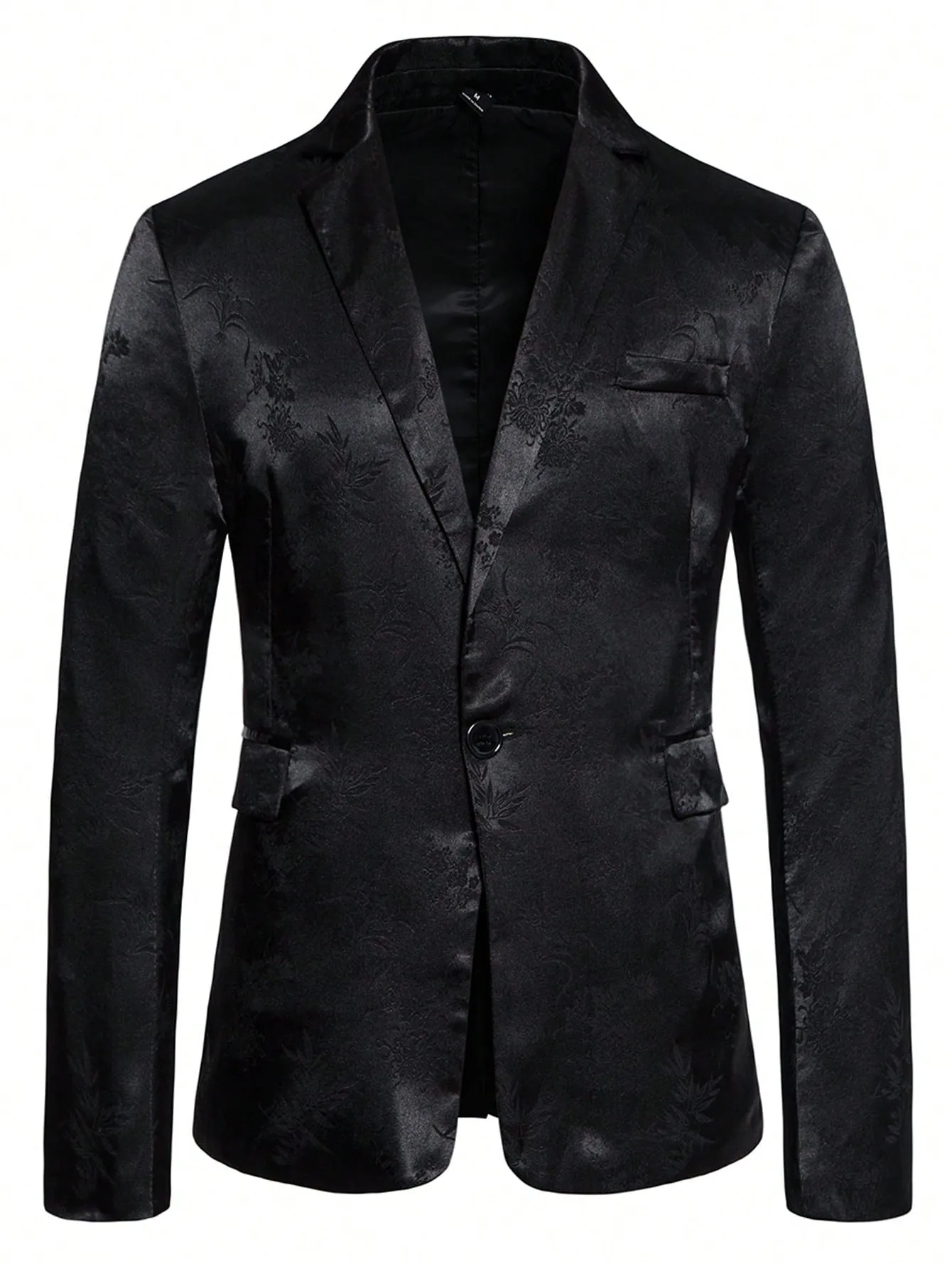 Black Jacquard Lapel Collar Single Button Blazer