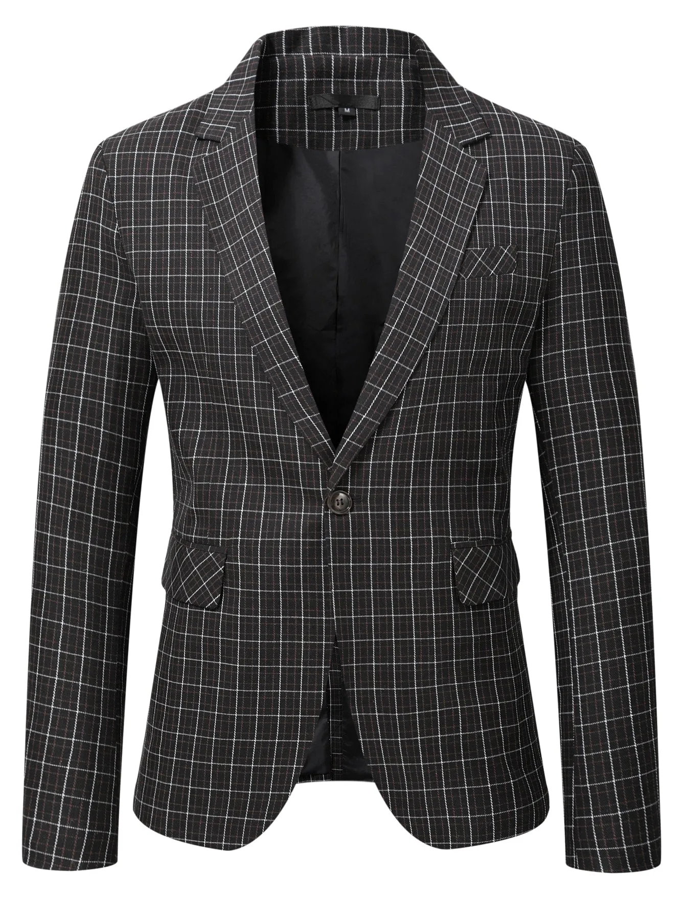 Black Plaid Single Button Lapel Blazer