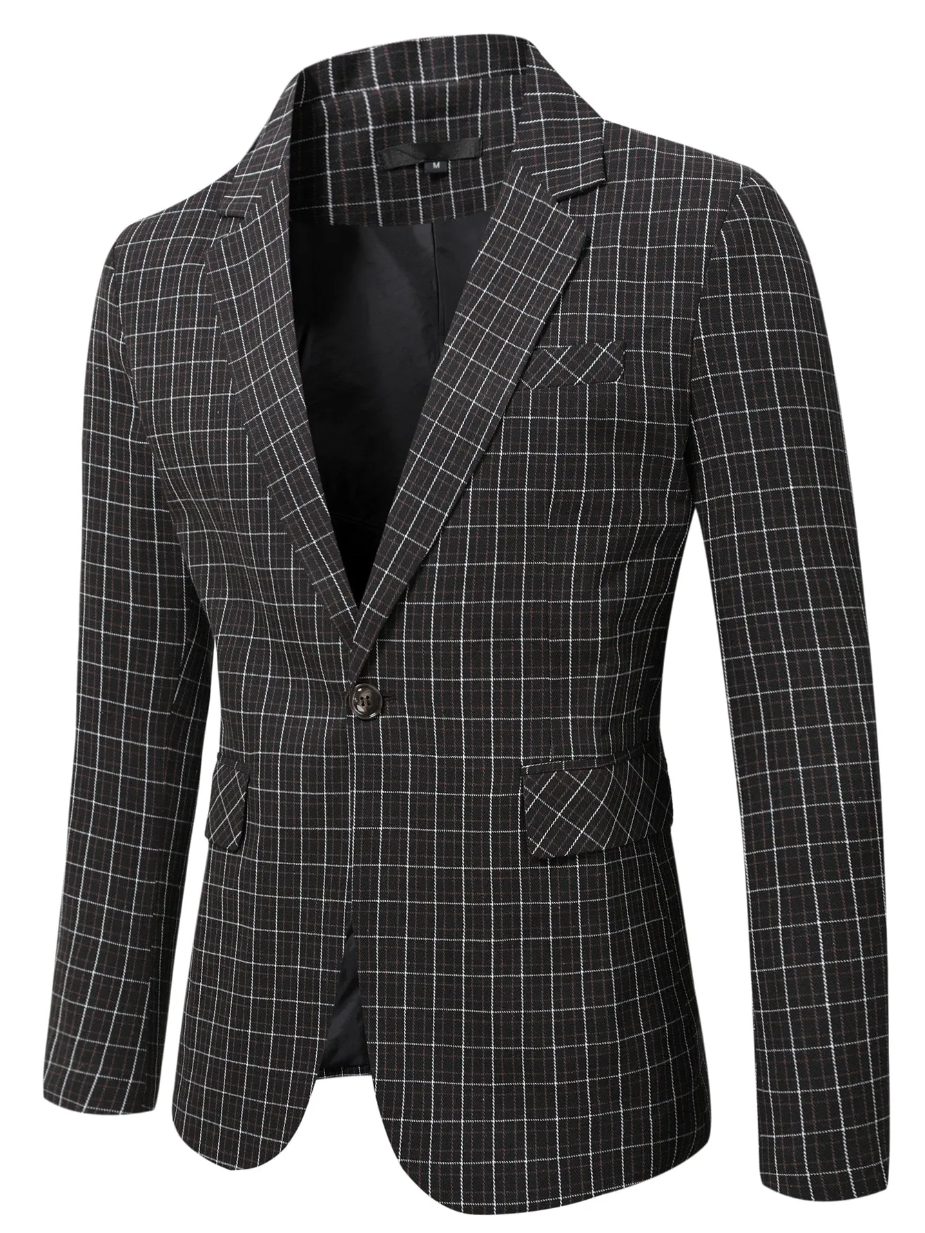 Black Plaid Single Button Lapel Blazer