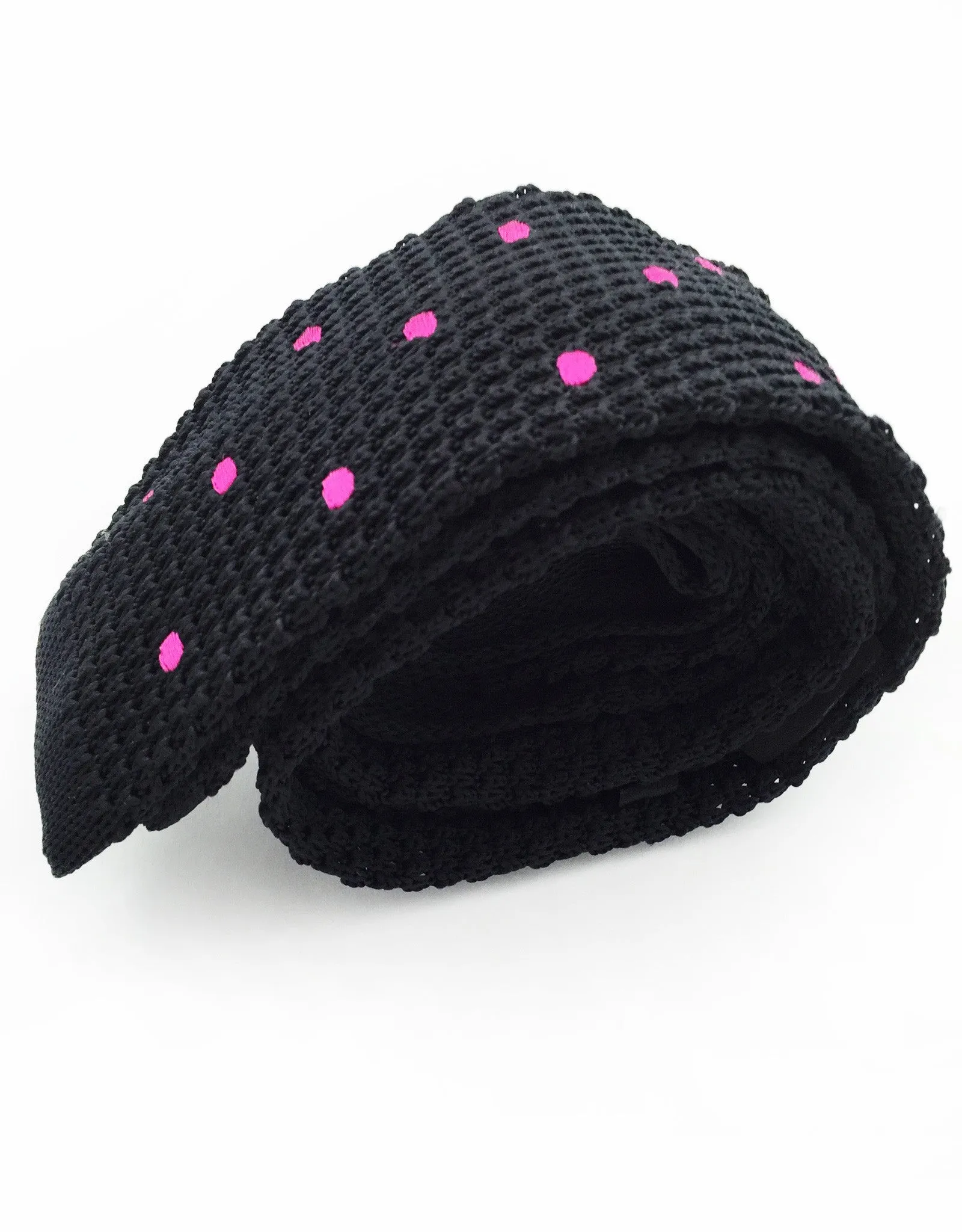 Black Skinny Knit Tie with Pink Polka Dots