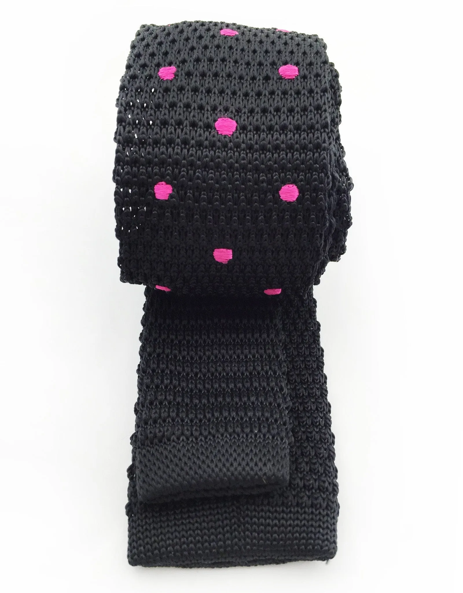 Black Skinny Knit Tie with Pink Polka Dots