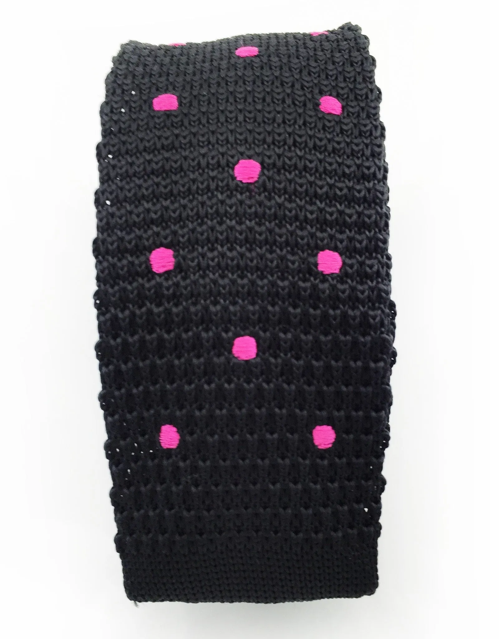 Black Skinny Knit Tie with Pink Polka Dots