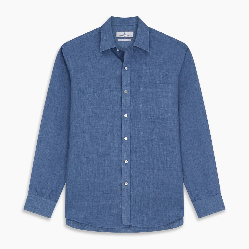 Blue Weekend Fit Linen Finch Shirt With Derby Collar And Chest Pocket