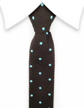 Brown Knitted Tie with Blue Polka Dots