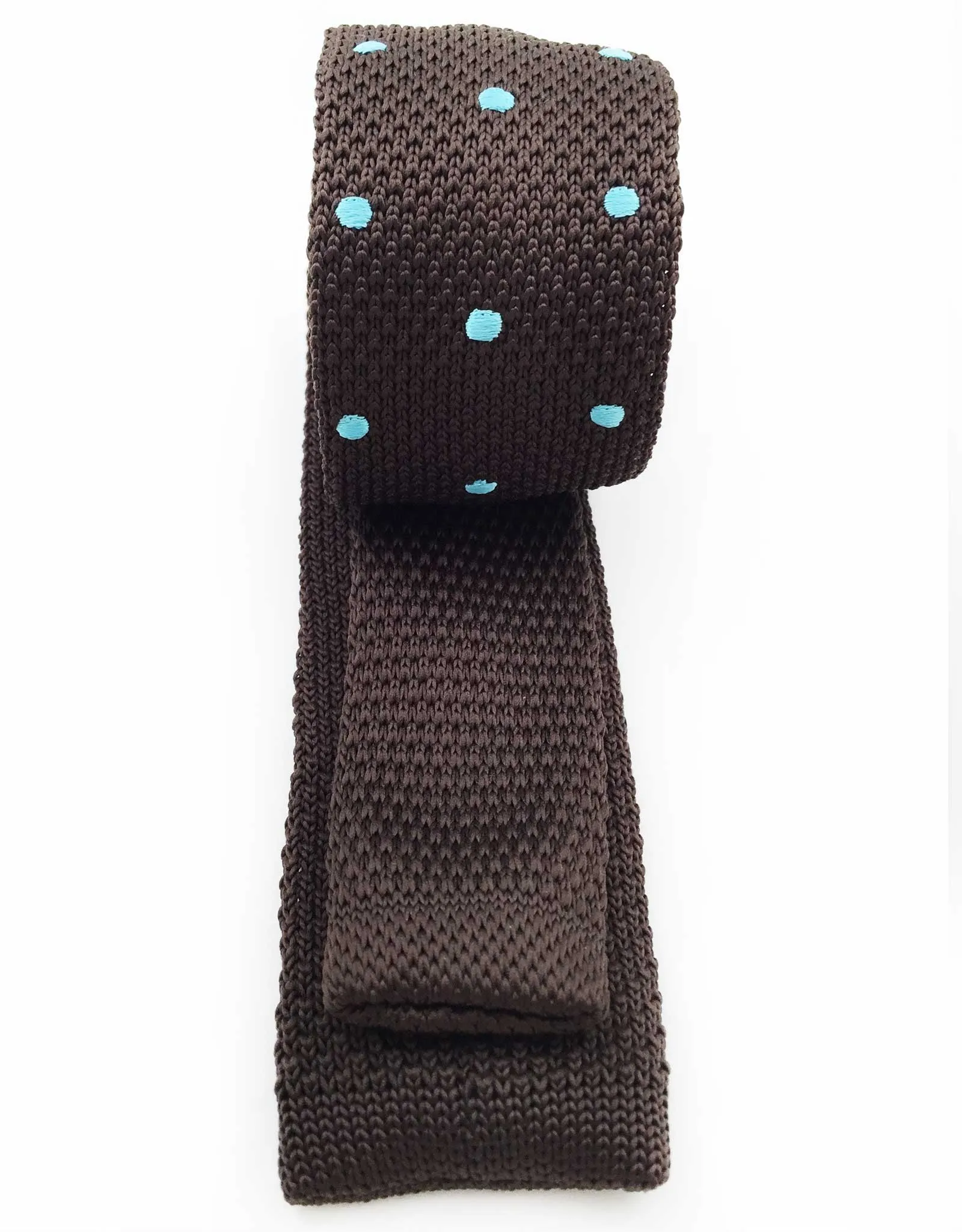 Brown Knitted Tie with Blue Polka Dots