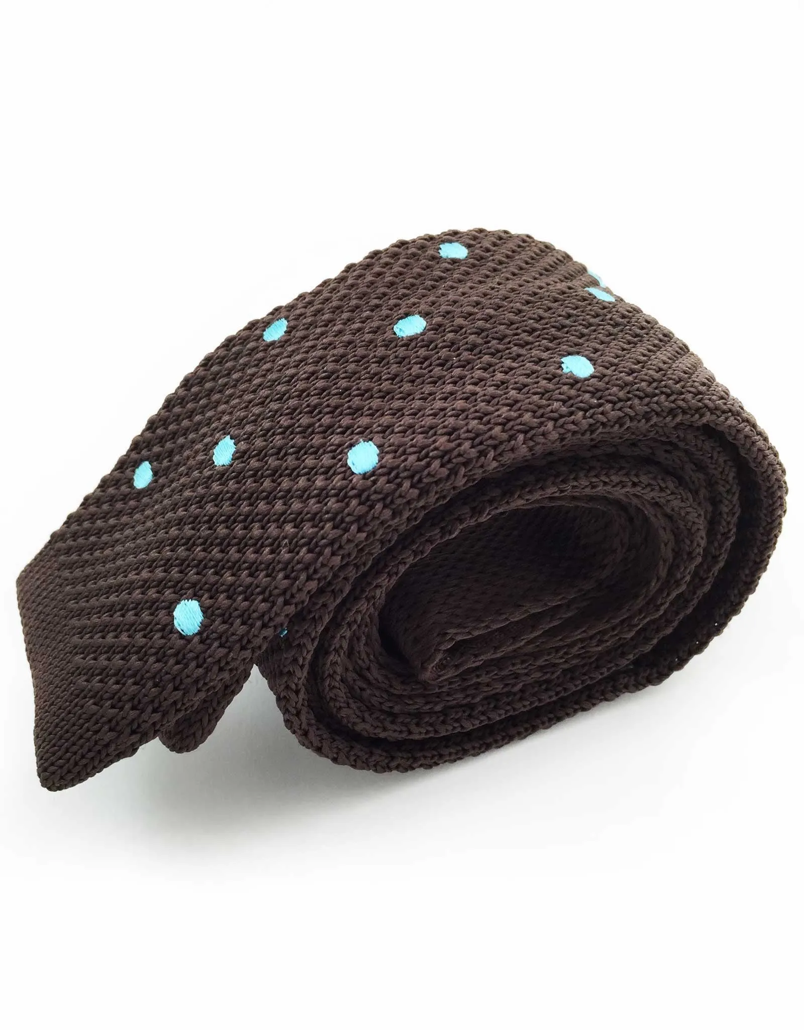 Brown Knitted Tie with Blue Polka Dots