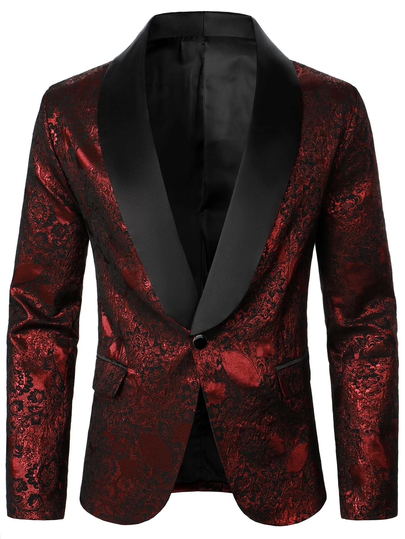 Burgundy Floral Jacquard Shawl Collar Single Button Blazer