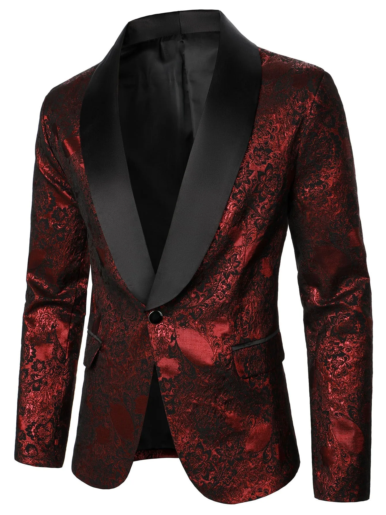 Burgundy Floral Jacquard Shawl Collar Single Button Blazer