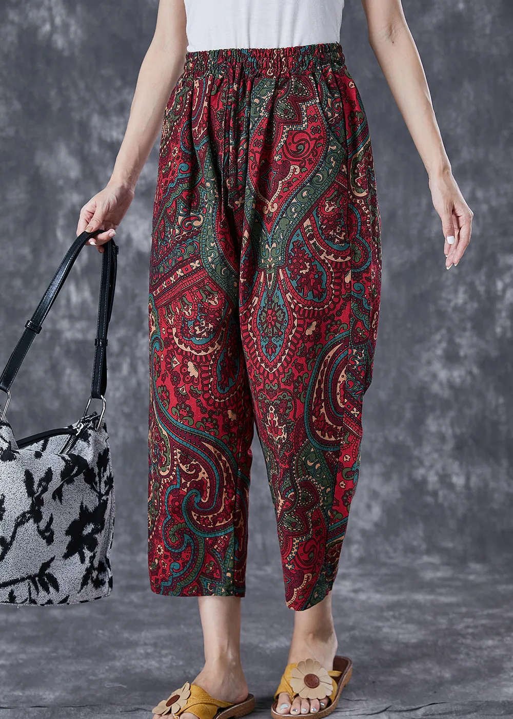 Casual Red Oversized Pockets Print Linen Pants Trousers Summer LY7042