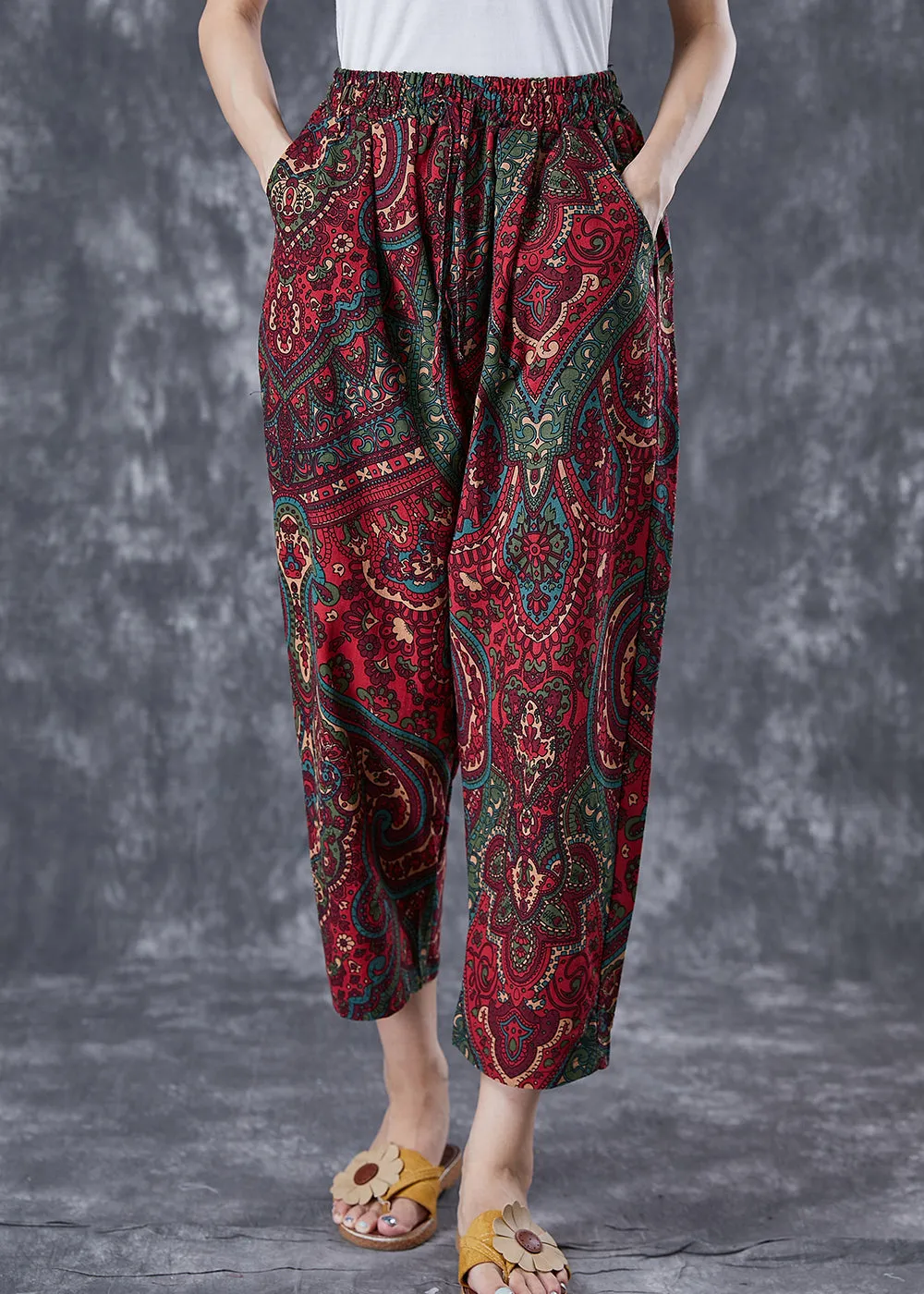 Casual Red Oversized Pockets Print Linen Pants Trousers Summer LY7042