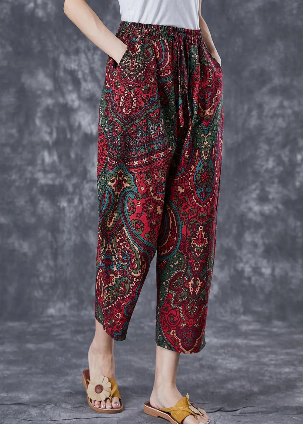 Casual Red Oversized Pockets Print Linen Pants Trousers Summer LY7042