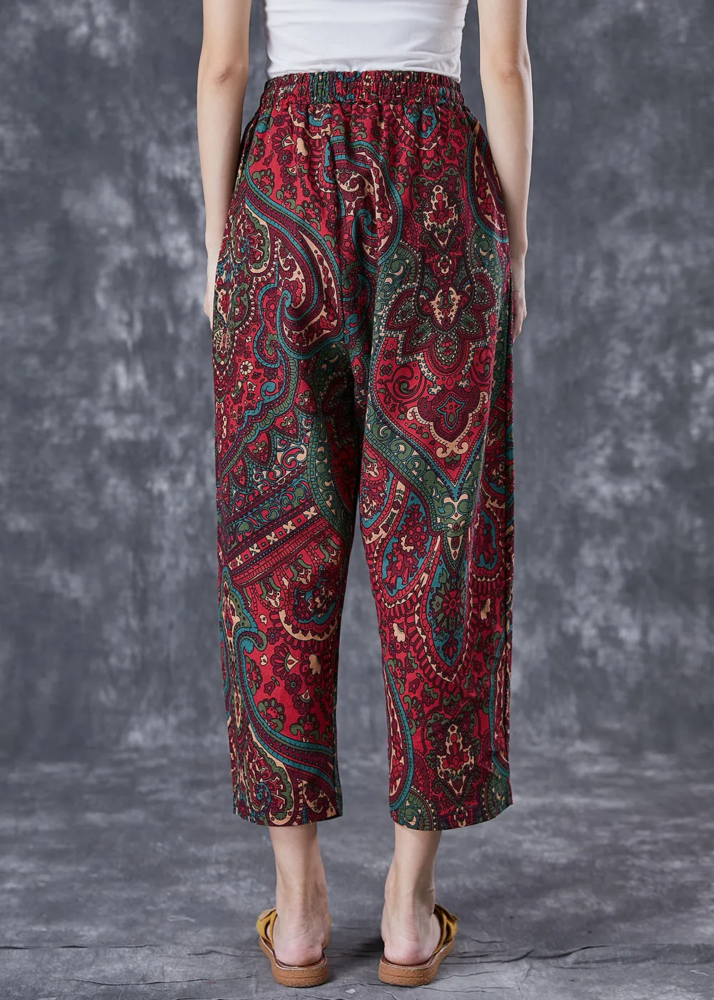 Casual Red Oversized Pockets Print Linen Pants Trousers Summer LY7042