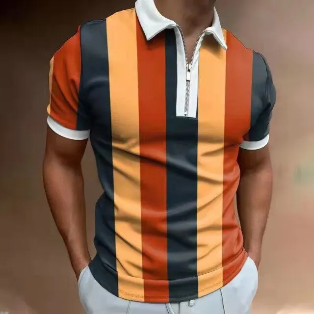 Casual Short Sleeves Striped Print Lapel Polo Shirts