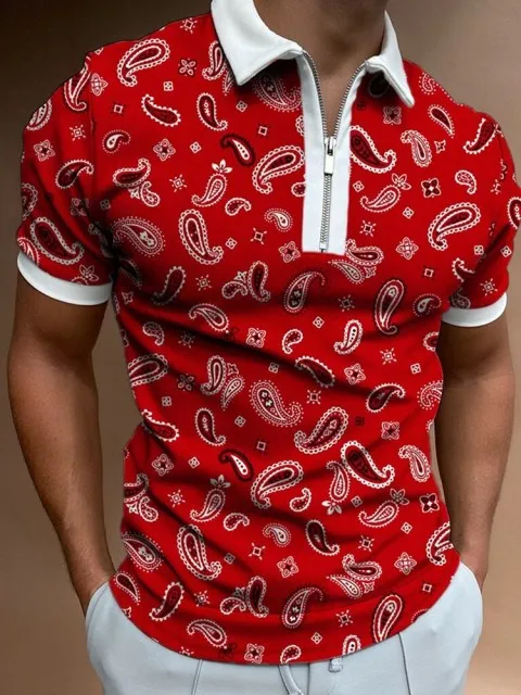 Casual Short Sleeves Striped Print Lapel Polo Shirts