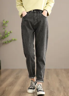 Classy Denim Black Pants Spring Elastic Waist Photography Wild Trousers