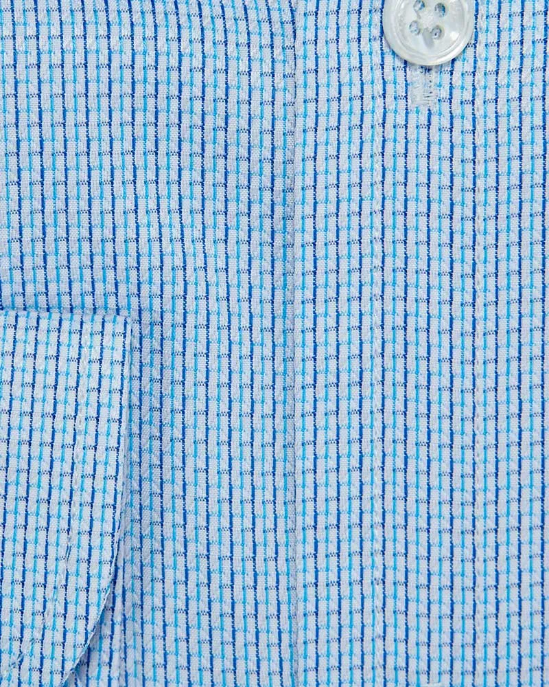 Contemporary Fit, Button Down Collar, 2 Button Cuff Shirt In White & Blue Neat Basket Weave