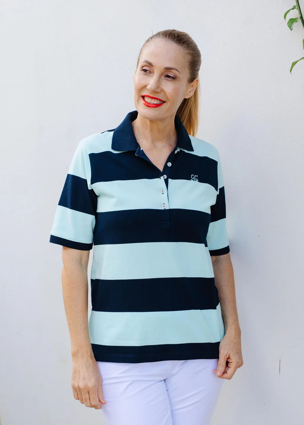 Cotton Striped Classic Fit Polo Navy/Aqua