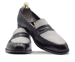 Elegant Men's Handmade Black & White Leather Round Toe Loafers, Men Dress Formal Party Loafers