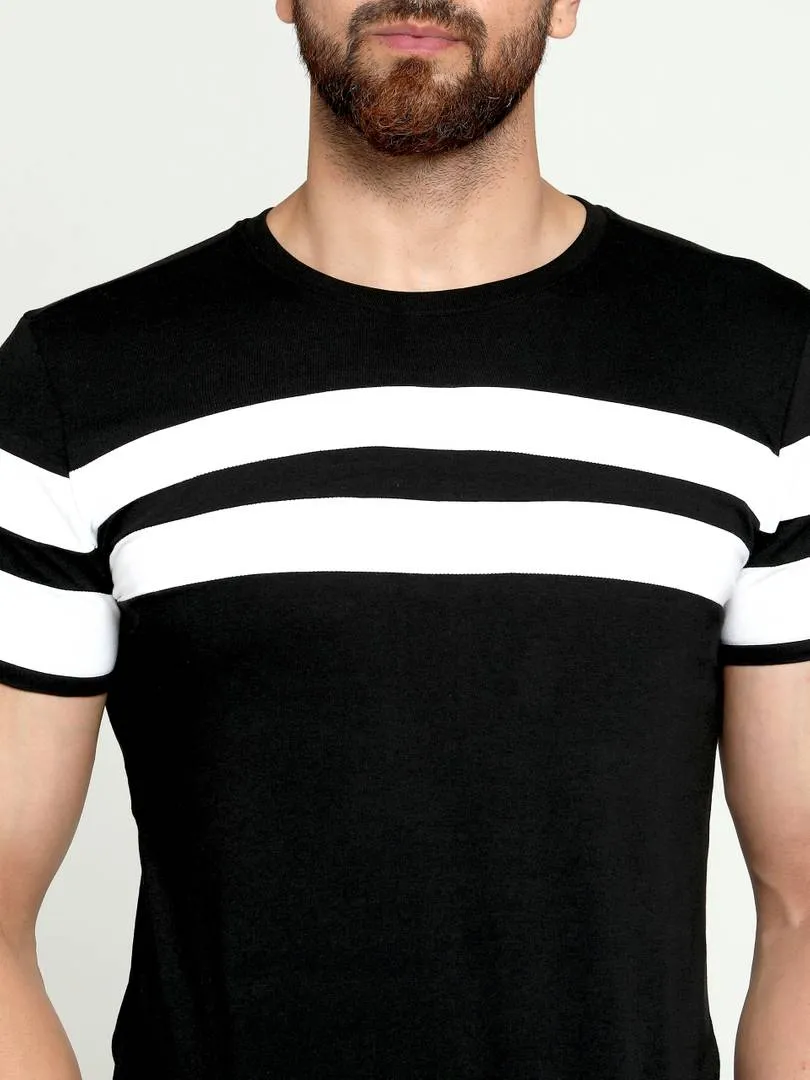 Fashionable Black Cotton Striped Round Neck Tees