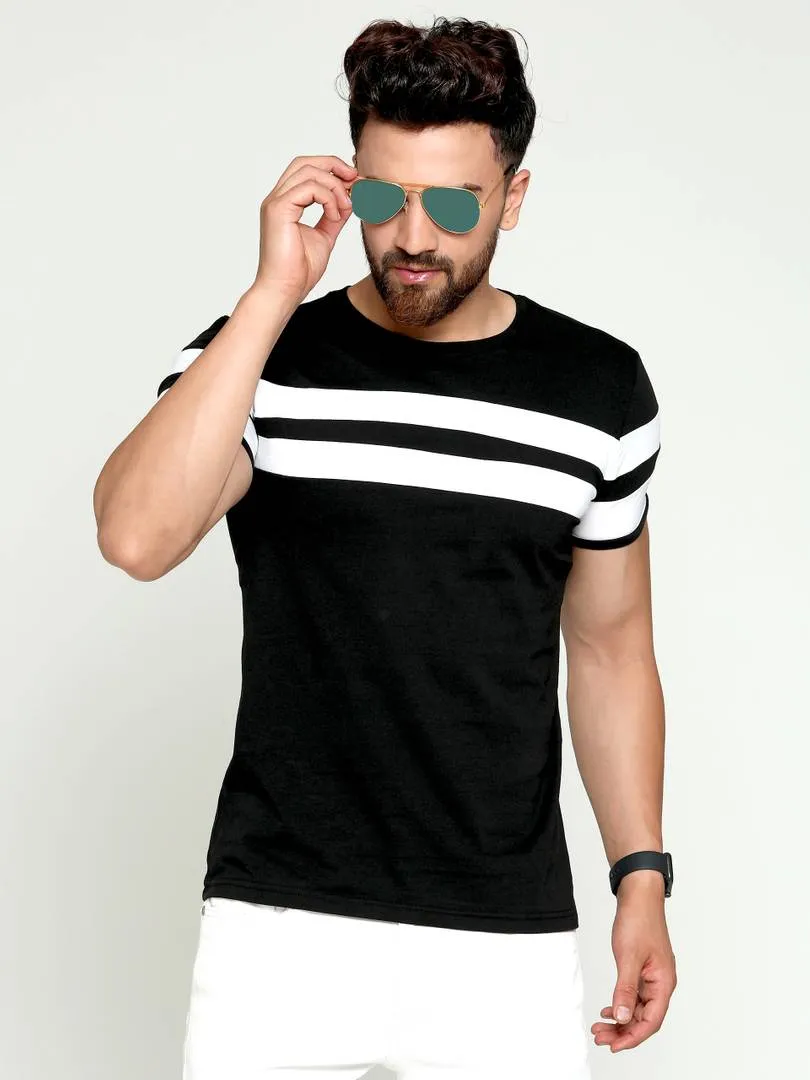 Fashionable Black Cotton Striped Round Neck Tees