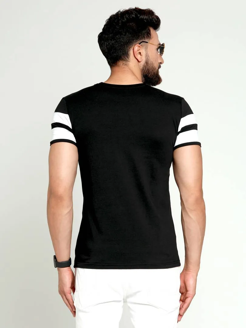 Fashionable Black Cotton Striped Round Neck Tees