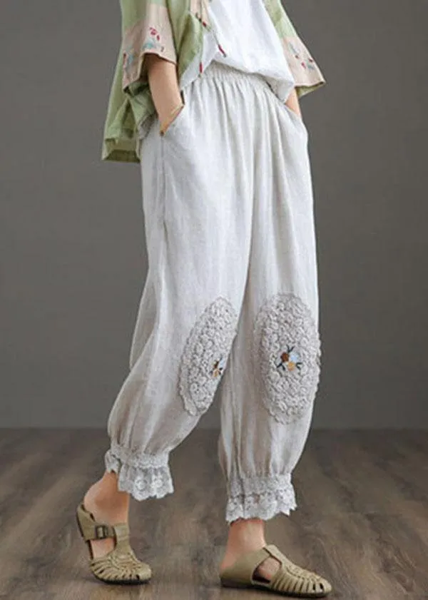 Fine Nude Patchwork Hollow Out Harem Pants Trousers Linen