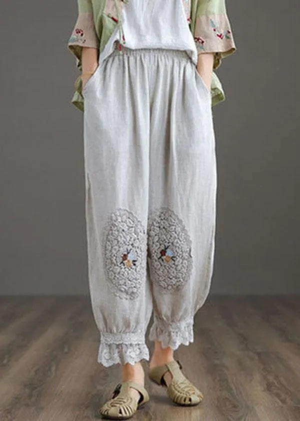 Fine Nude Patchwork Hollow Out Harem Pants Trousers Linen