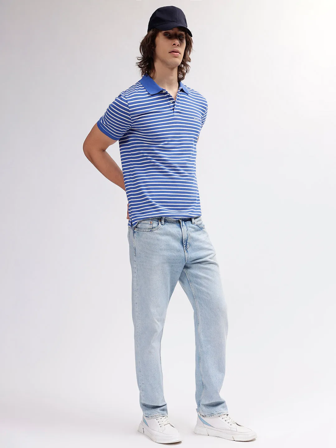 Gant Men Blue Striped Polo Collar Short Sleeves T-shirt