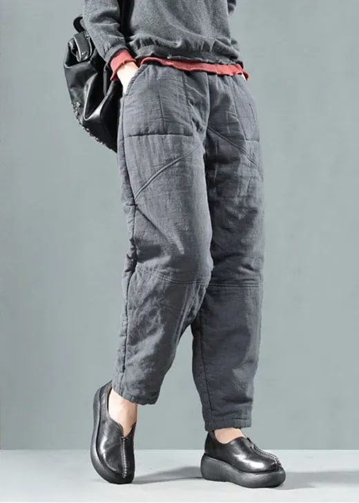 Grey Patchwork Linen Pants Trousers Winter