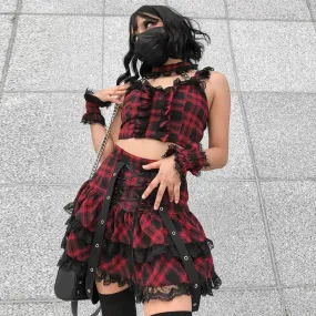 Harajuku Plaid Lolita Skirt for Girls: High Waist Checkered Mini Set in Japanese Street Fashion