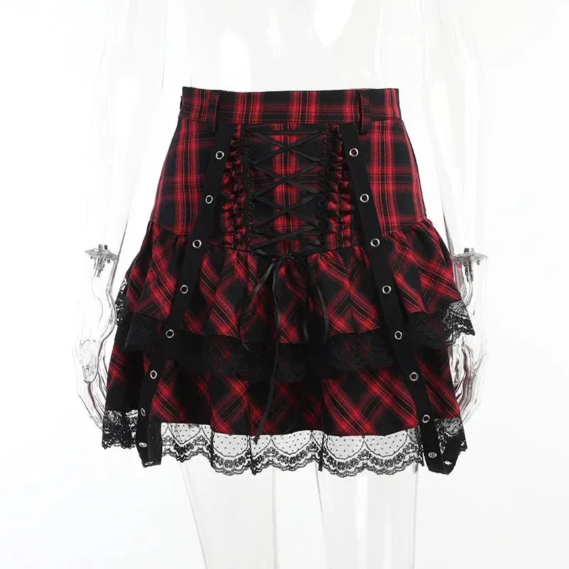 Harajuku Plaid Lolita Skirt for Girls: High Waist Checkered Mini Set in Japanese Street Fashion