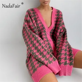 Joskaa Christmas Gift Nadafair Houndstooth Winter Cardigans for Women 2024 Knitted Warm Vintage V-neck Sweater Autumn Loose Long Oversized Cardigans