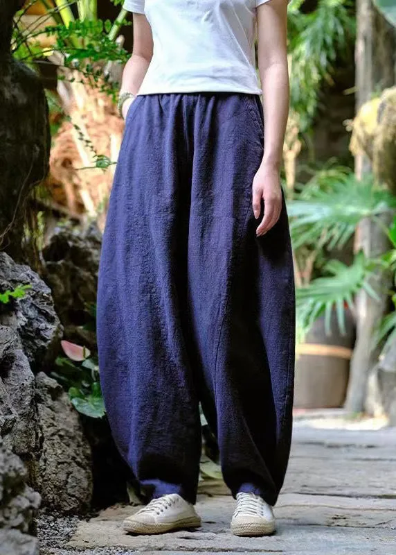 Loose Navy Pockets Elastic Waist Linen Pants Trousers Summer QK008