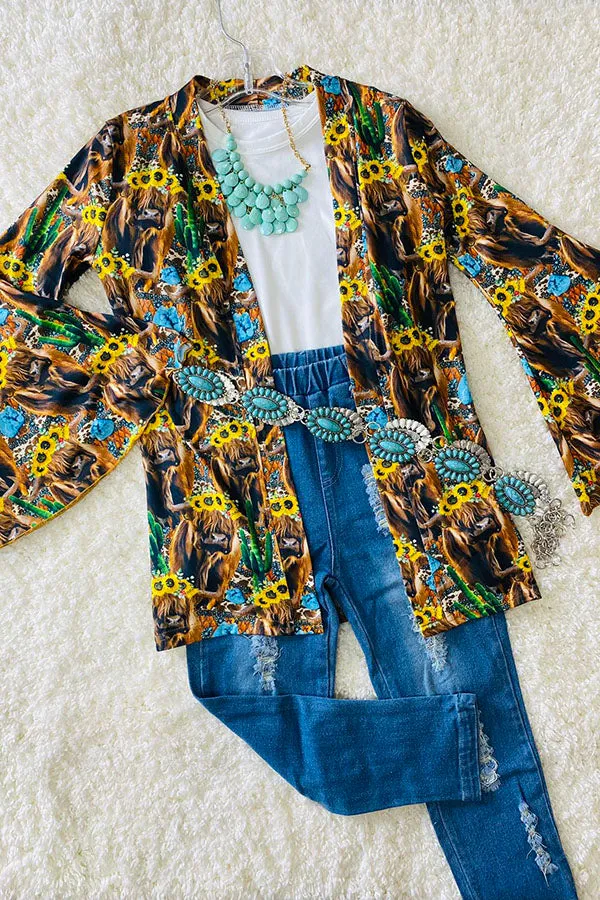 Multicolor bull w/sunflowers & cactus bell sleeve cardigan DLH0923-28