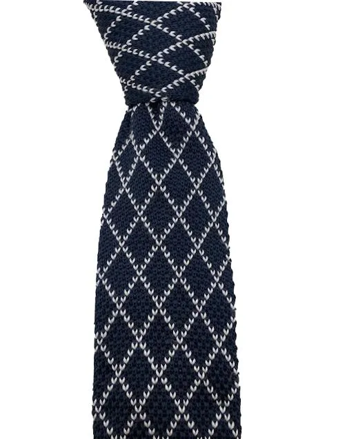 Navy Blue Knitted Tie with a White Argyle Pattern