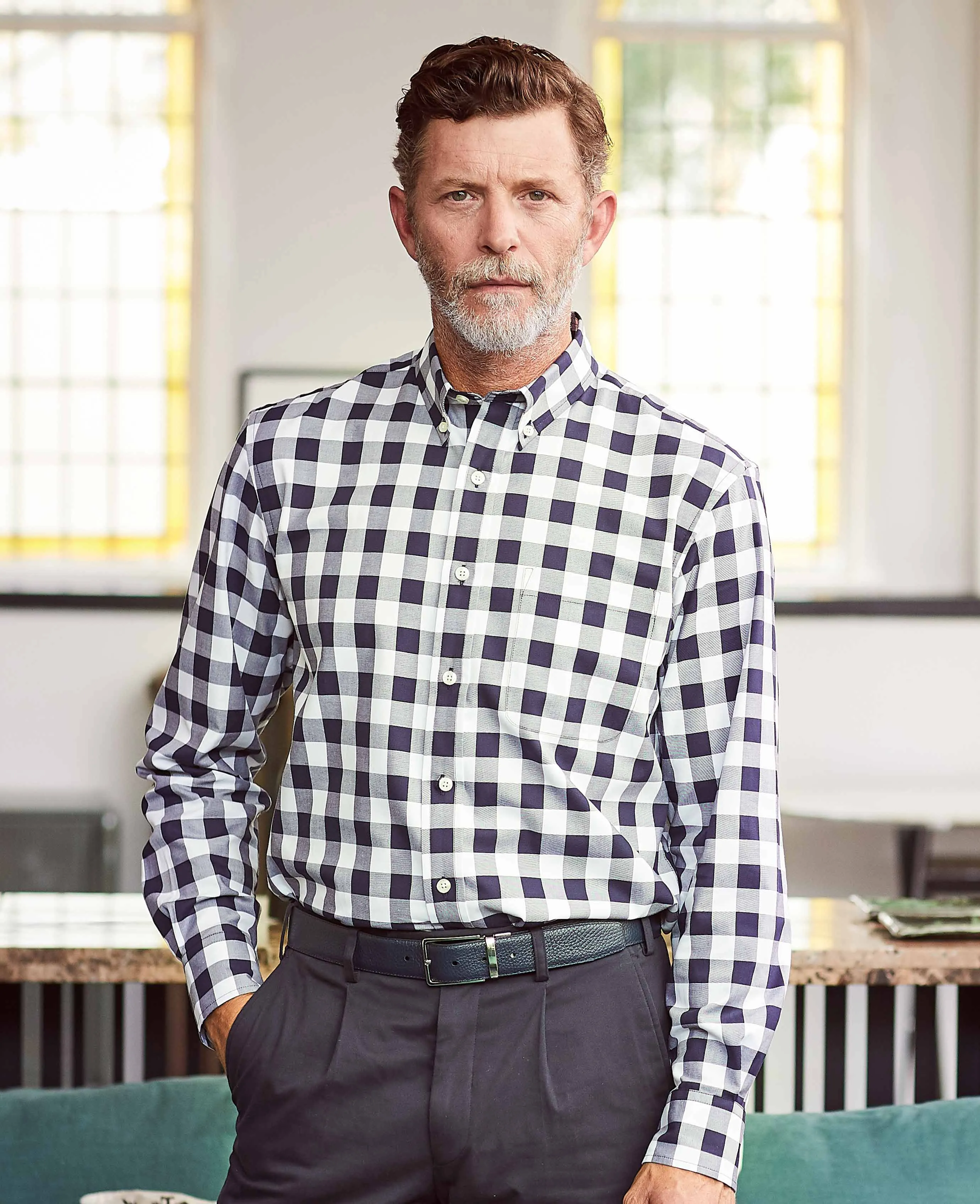 Navy White Bold Check Button-Down Shirt