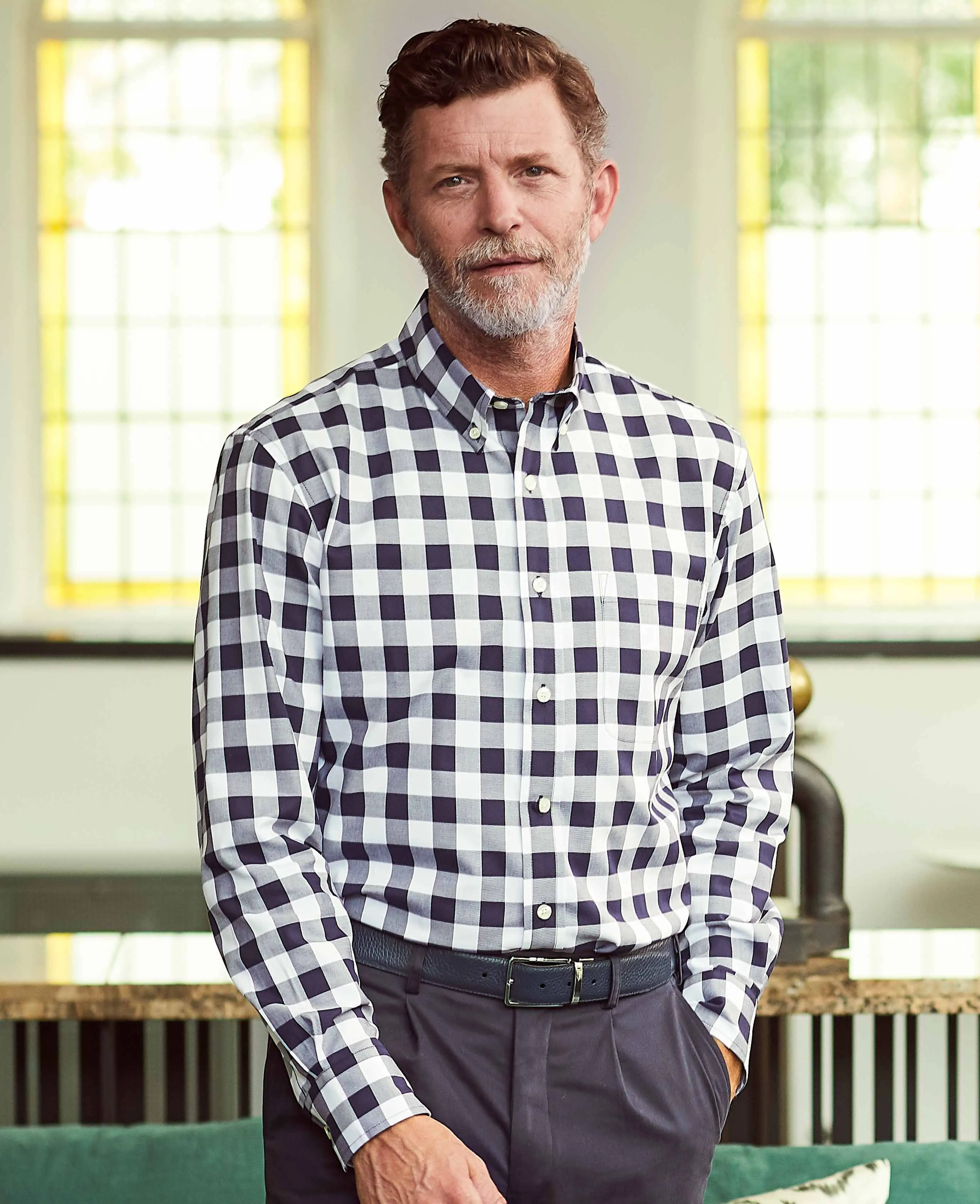 Navy White Bold Check Button-Down Shirt