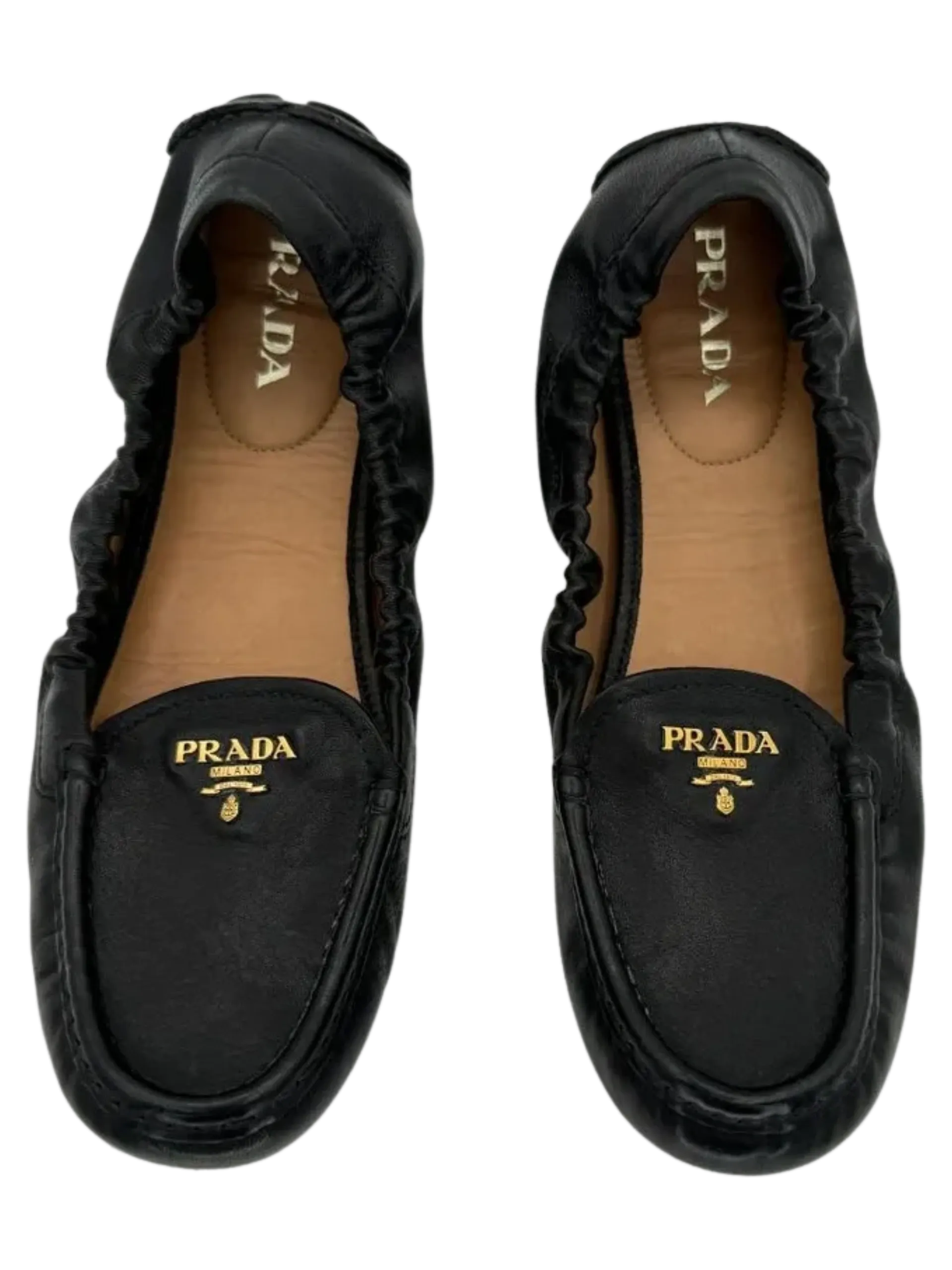 PRADA Black Leather Scrunch Loafers