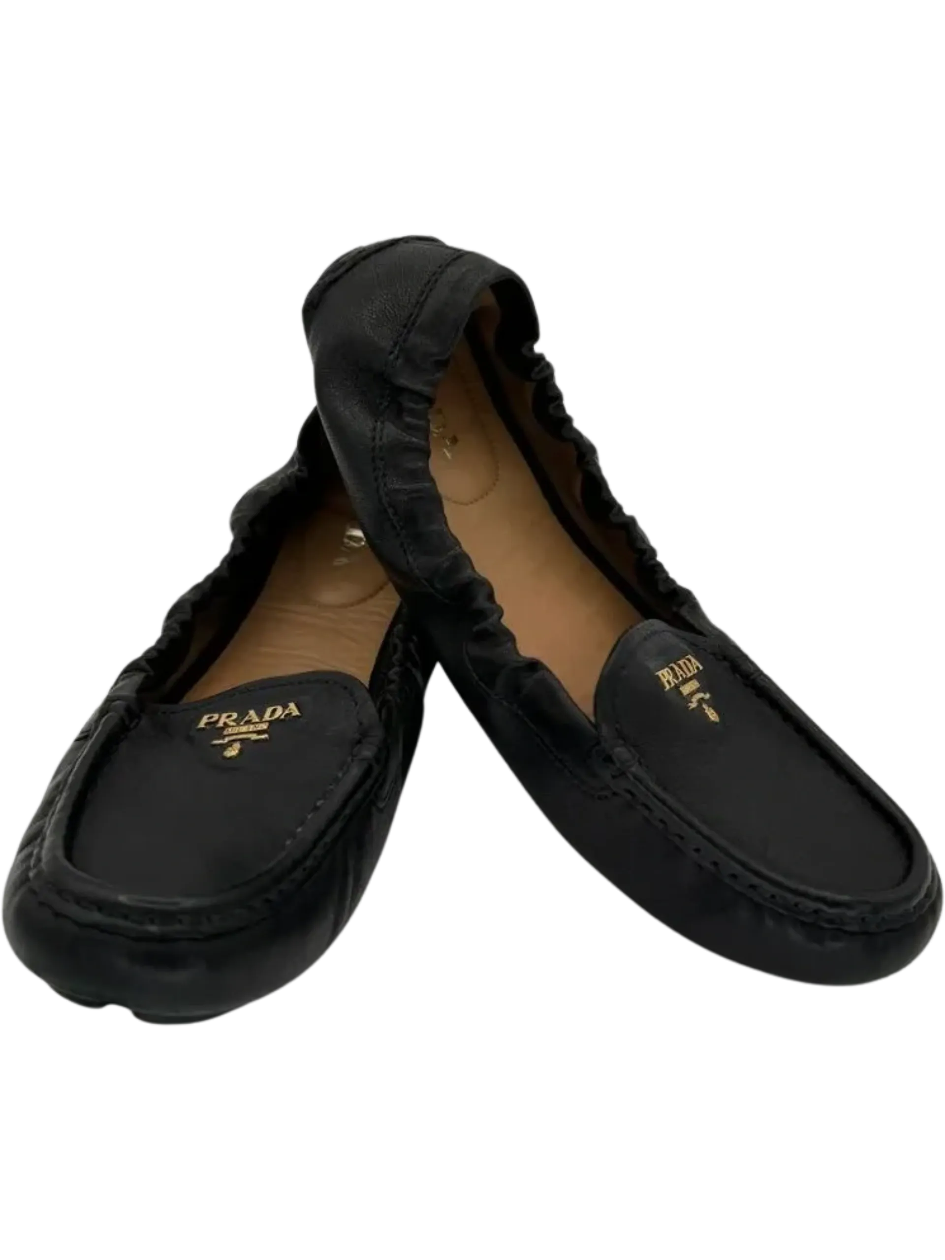 PRADA Black Leather Scrunch Loafers