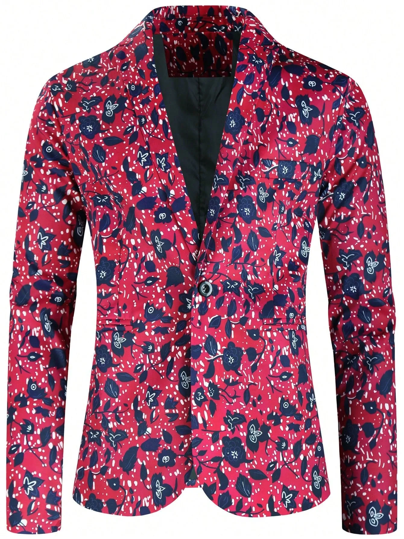 Red Allover Plants Print Single Button Lapel Neck Blazer