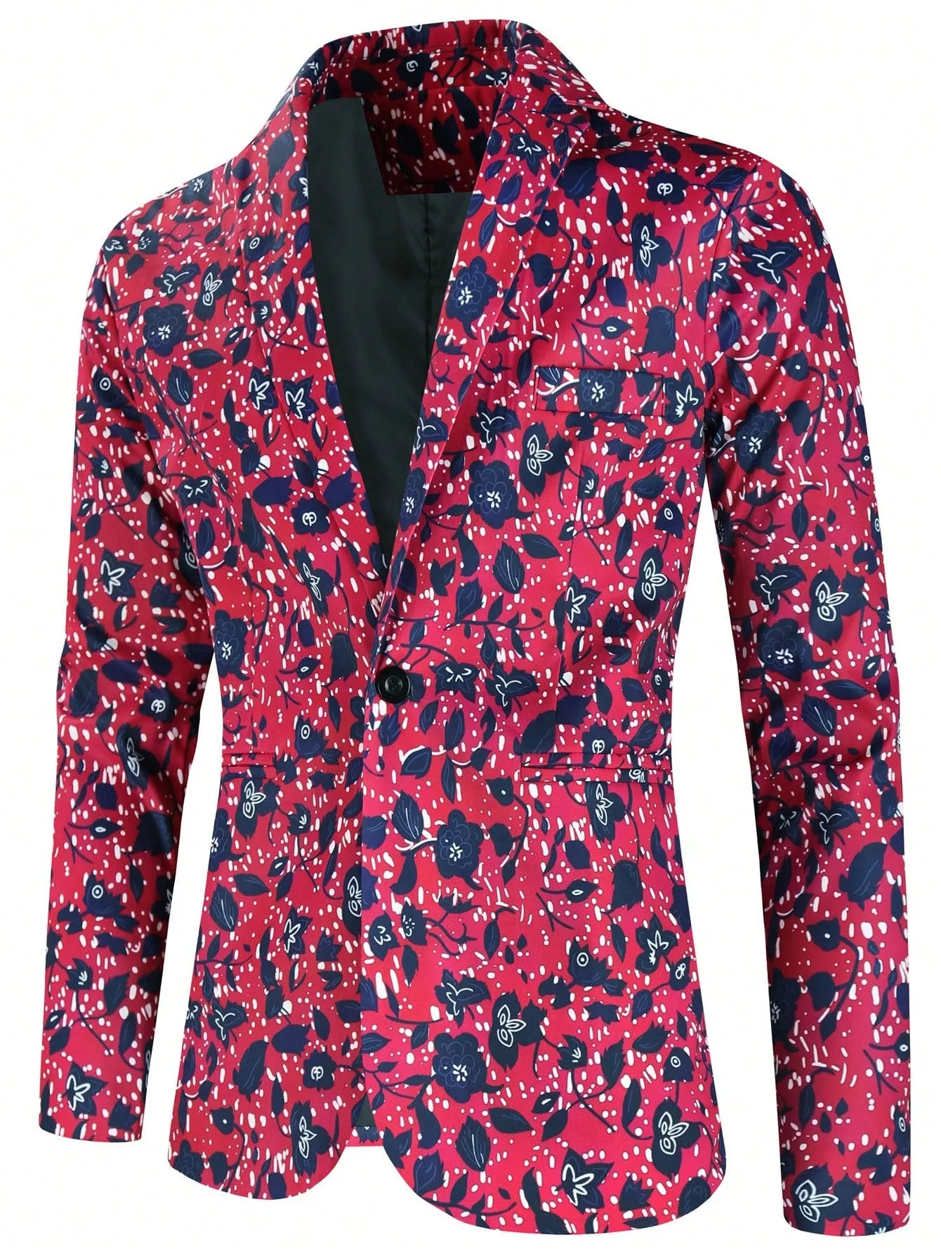 Red Allover Plants Print Single Button Lapel Neck Blazer