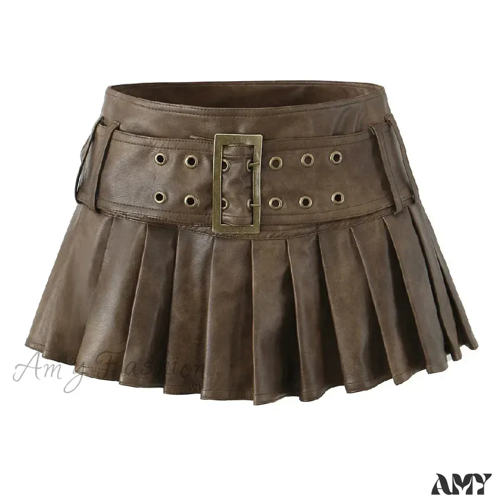 Retro Buckle Belt Low Waist Sexy Leather Pleated Mini Skirt