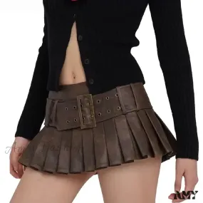 Retro Buckle Belt Low Waist Sexy Leather Pleated Mini Skirt